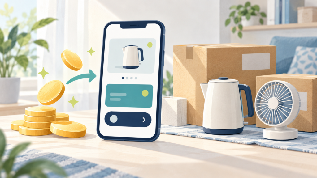スマートフォンのネット通販とポイント、届いた家電を表したイメージ