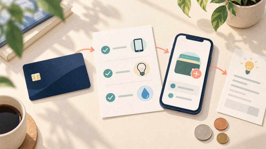 クレジットカード、スマートフォンと公共料金の支払い設定を点検するイラスト