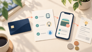 クレジットカード、スマートフォンと公共料金の支払い設定を点検するイラスト