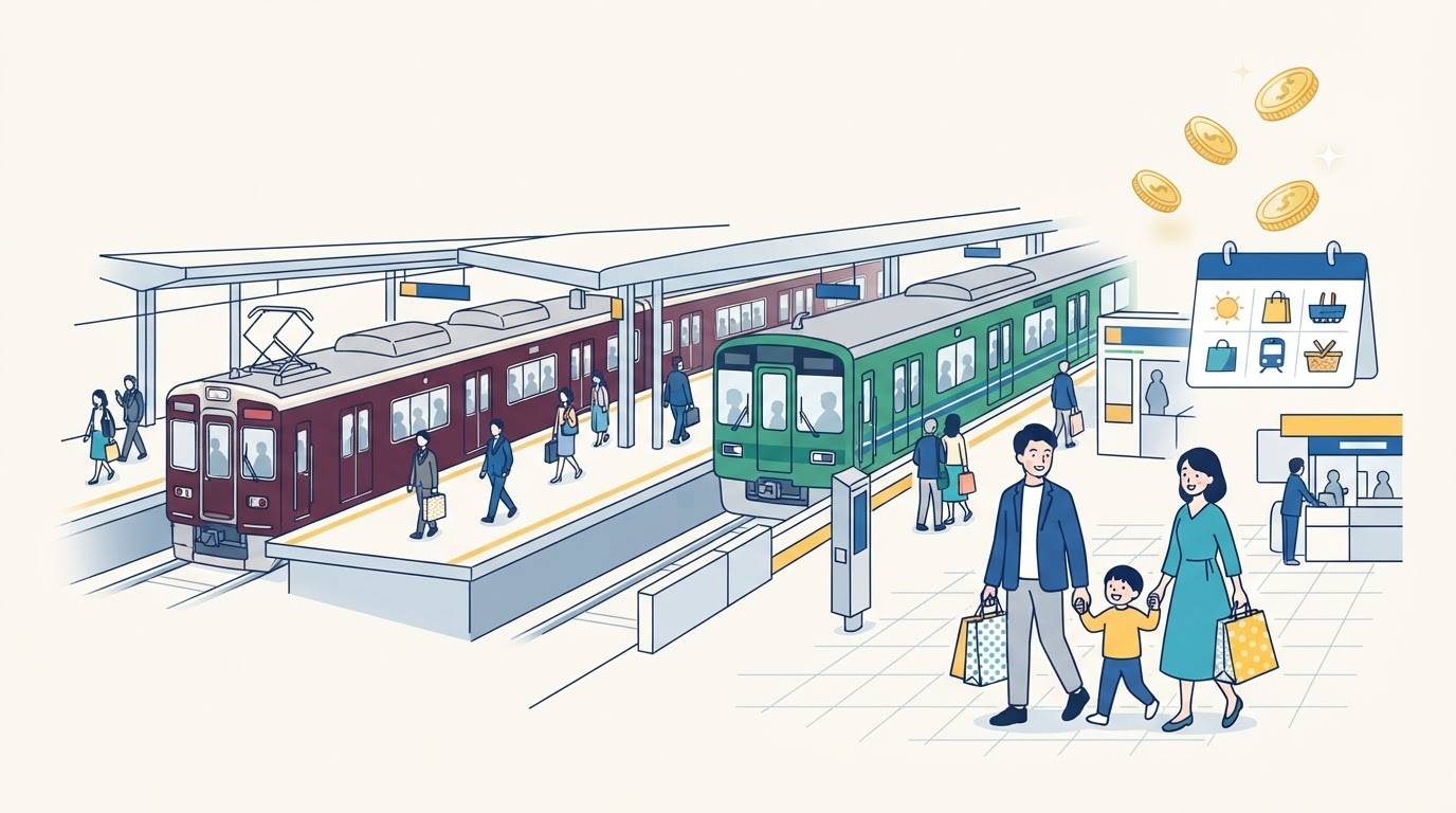 阪急電車と地下鉄の乗車回数や休日利用でポイントが貯まるイラスト