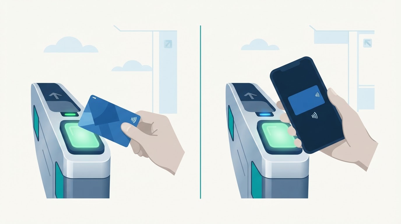 カード型ICOCAとスマートフォンのICOCAを改札で利用する比較イラスト
