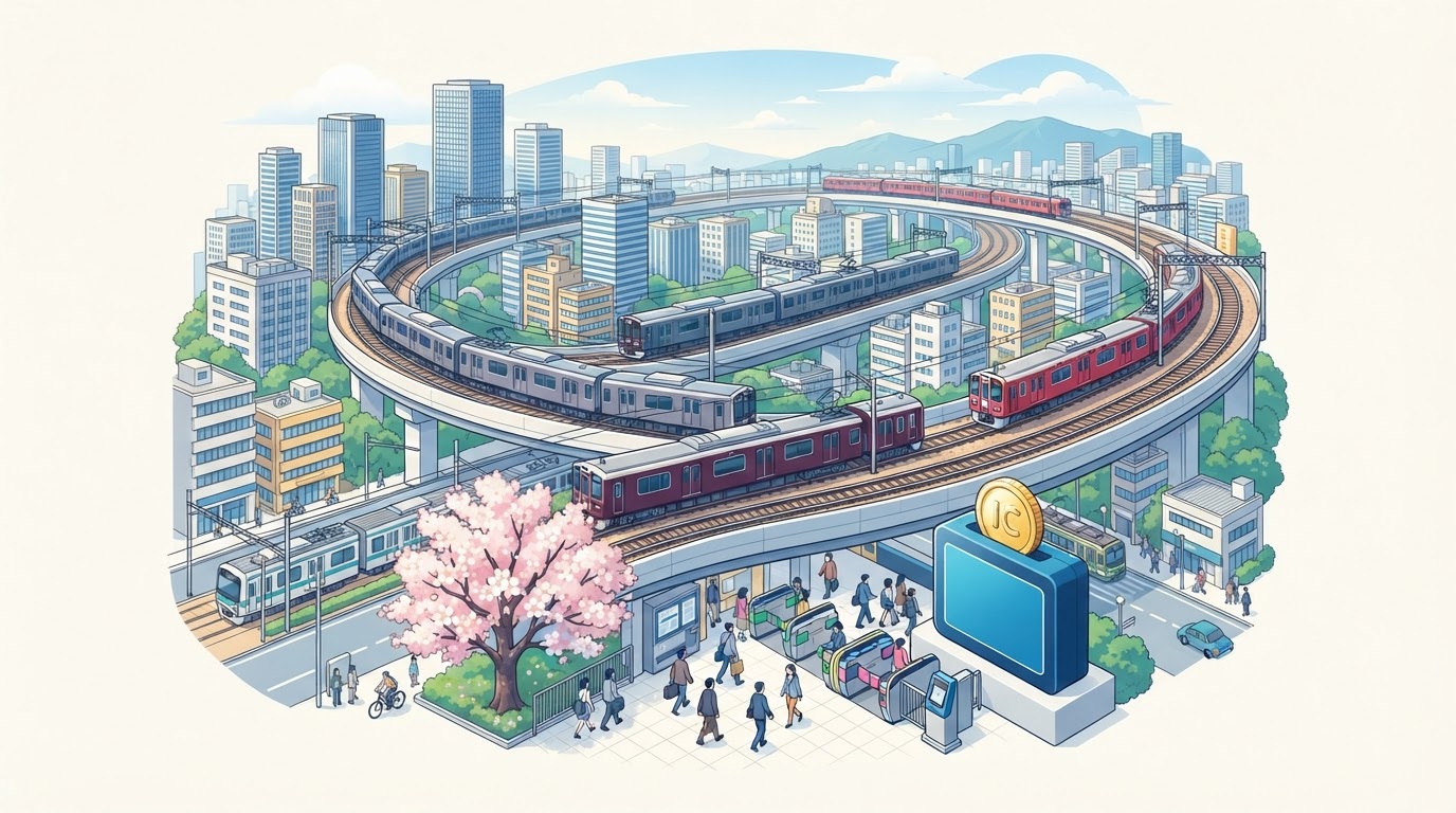 関西の複数鉄道路線とICOCAポイントのイメージイラスト