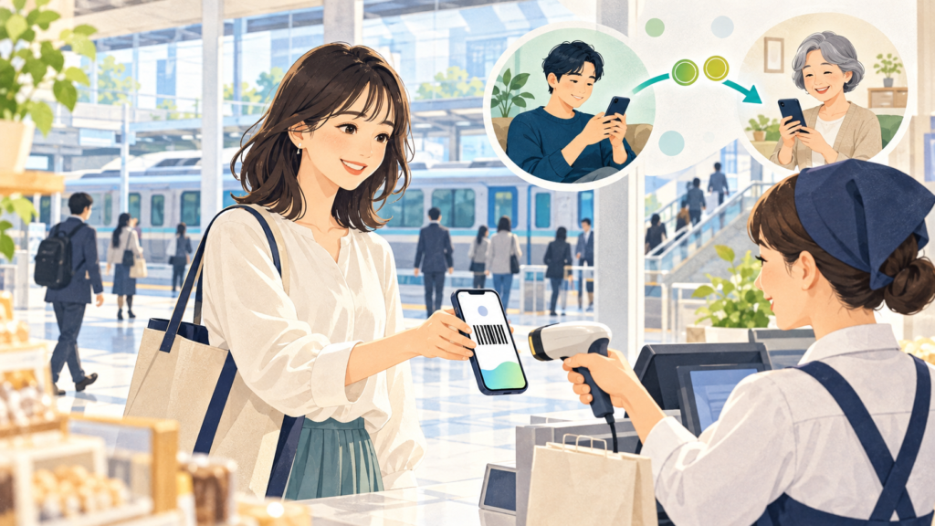 駅の店舗でスマートフォンのバーコードを提示する利用者と、家族への残高送付を表したイメージ