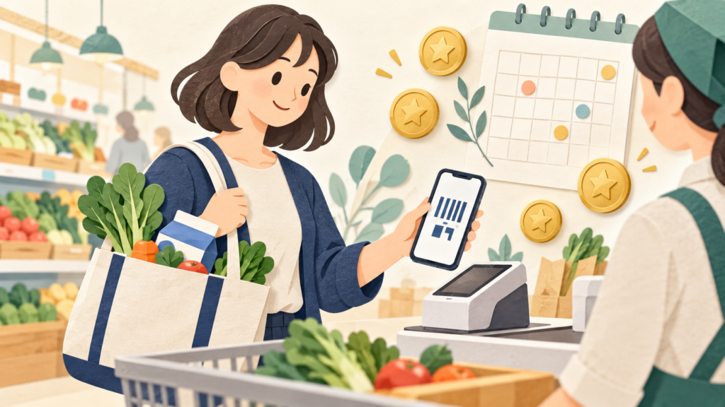 スーパーのレジでスマートフォンのコード決済を使い、買い物の予定とポイントを確認するイラスト
