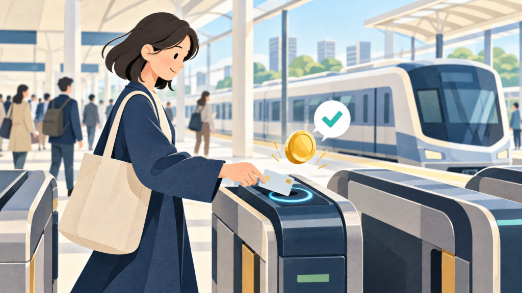 駅の専用改札にクレジットカードをかざして乗車する人のイラスト