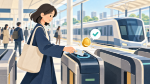 駅の専用改札にクレジットカードをかざして乗車する人のイラスト
